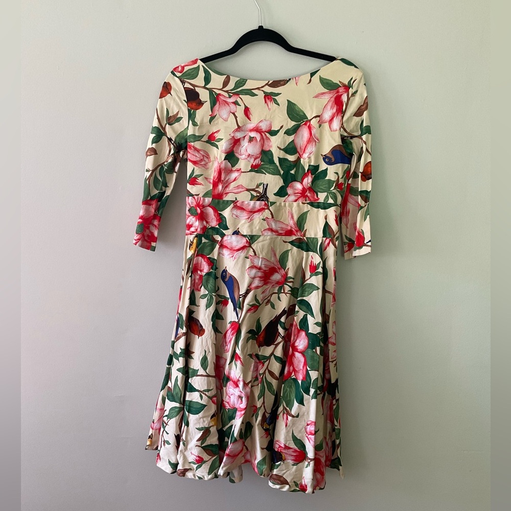 Vintage Inspired long sleeve knee length fit and flare cream floral dress